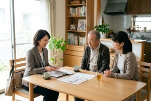 ケアマネジャーと家族が自宅で相談している様子