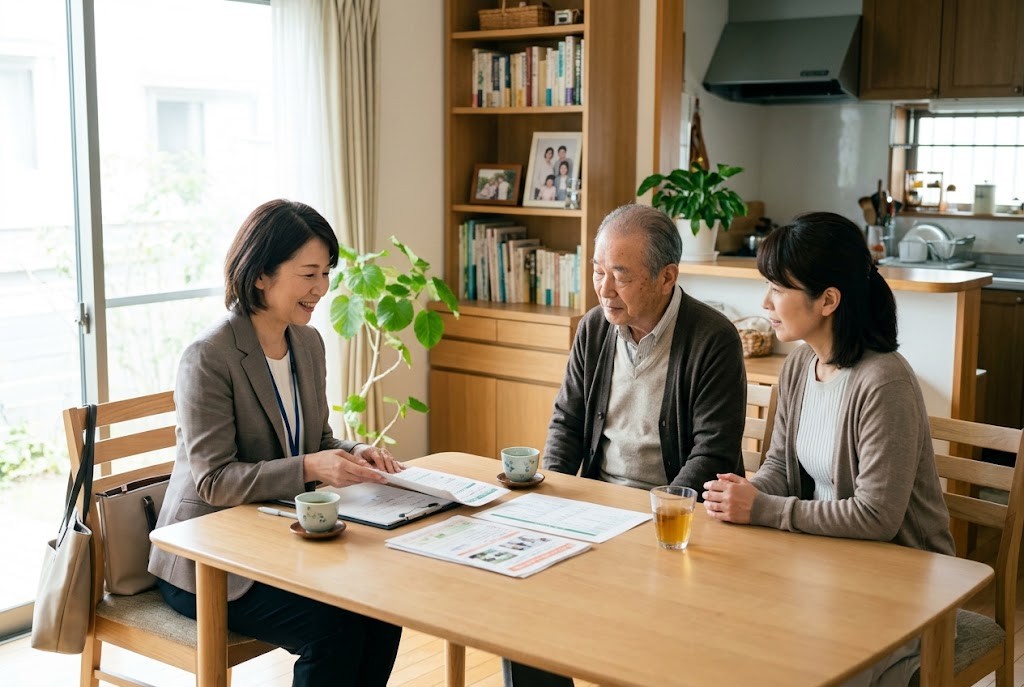 ケアマネジャーと家族が自宅で相談している様子