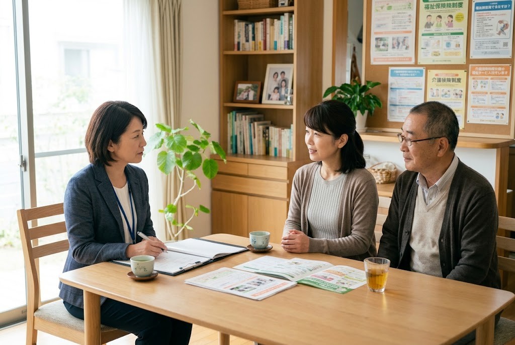 社会福祉士が家族の相談に応じている様子