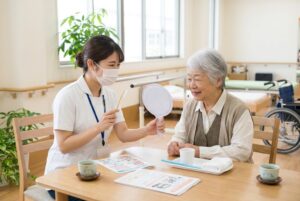 歯科衛生士が高齢の女性に口の健康を説明している様子