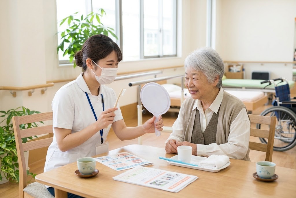 歯科衛生士が高齢の女性に口の健康を説明している様子