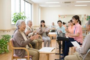 デイサービスで音楽を楽しむ高齢者とスタッフ
