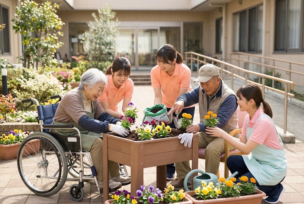 介護施設の庭で花を植える高齢者とスタッフ