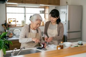 自助具を使って台所で作業する高齢の女性と娘