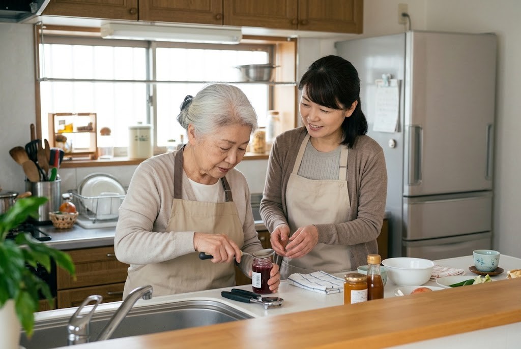 自助具を使って台所で作業する高齢の女性と娘