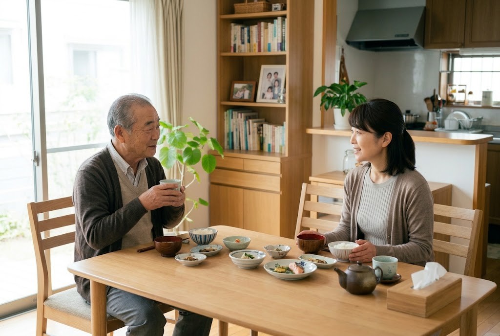 食後にお茶を飲む高齢の男性と娘